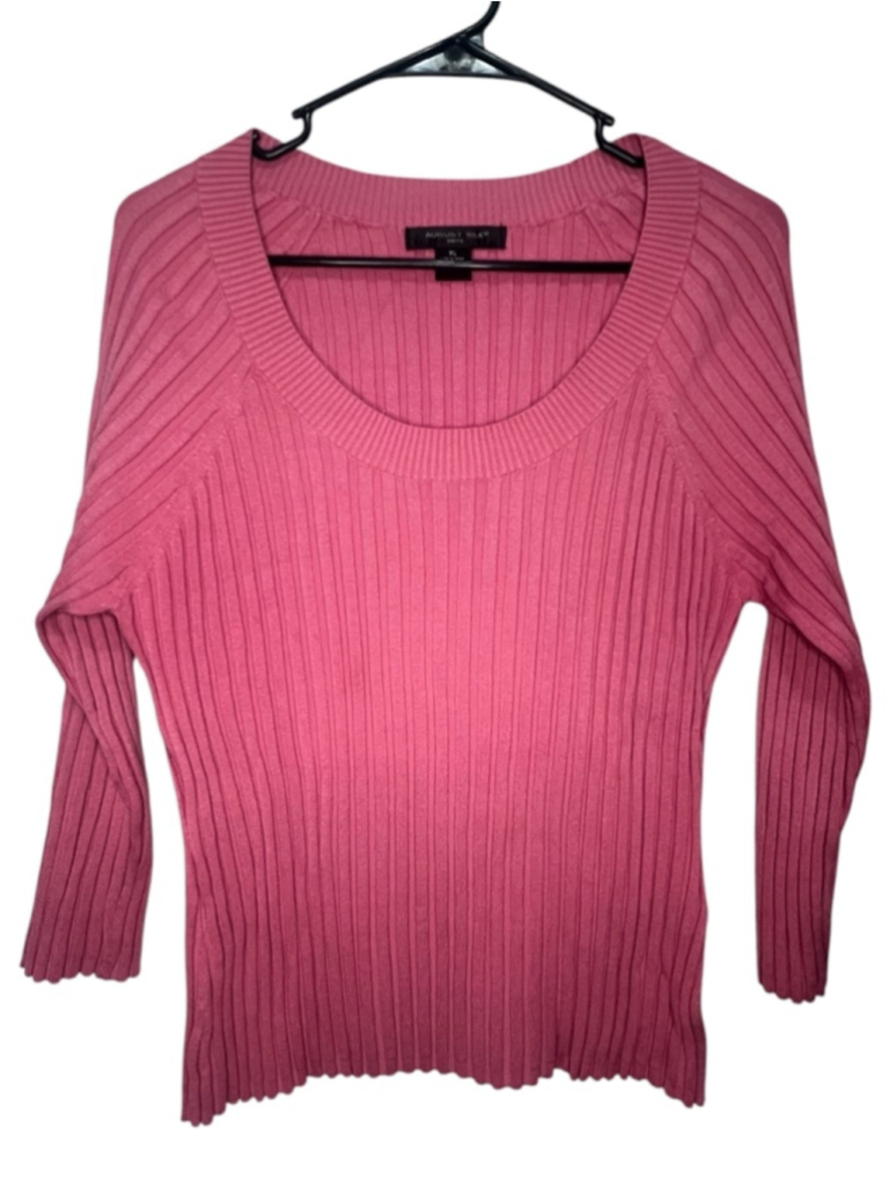 August Silk 55% Silk Pink Ribbed Knit 3/4 Sleeve Pullover Stretchy Sweater